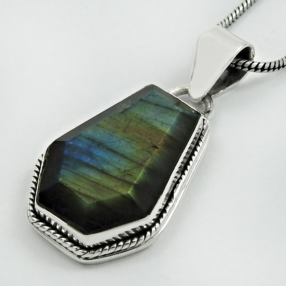 Birthday Gift Coffin Natural Labradorite Gemstone Pendant 925 Sterling Silver G7