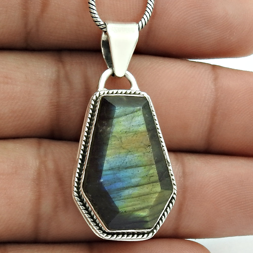 Birthday Gift Coffin Natural Labradorite Gemstone Pendant 925 Sterling Silver G7