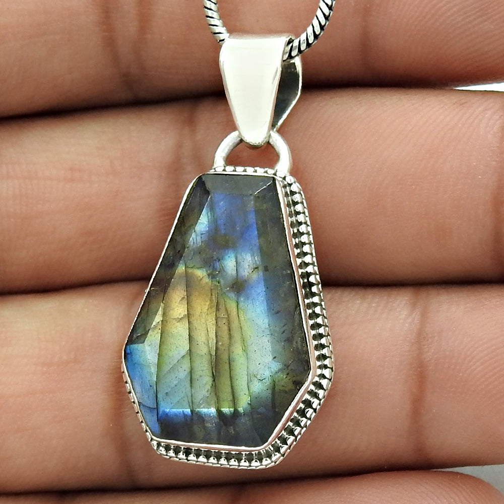 Labradorite Stone Sisters Day Birthday Coffin Wife Pendant Solid Sterling Silver