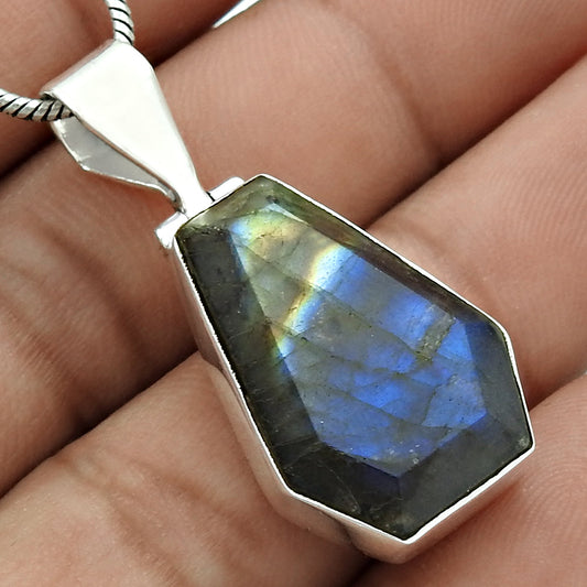 Natural Labradorite Gemstone 925 Sterling Silver Pendant Coffin For Women Y14