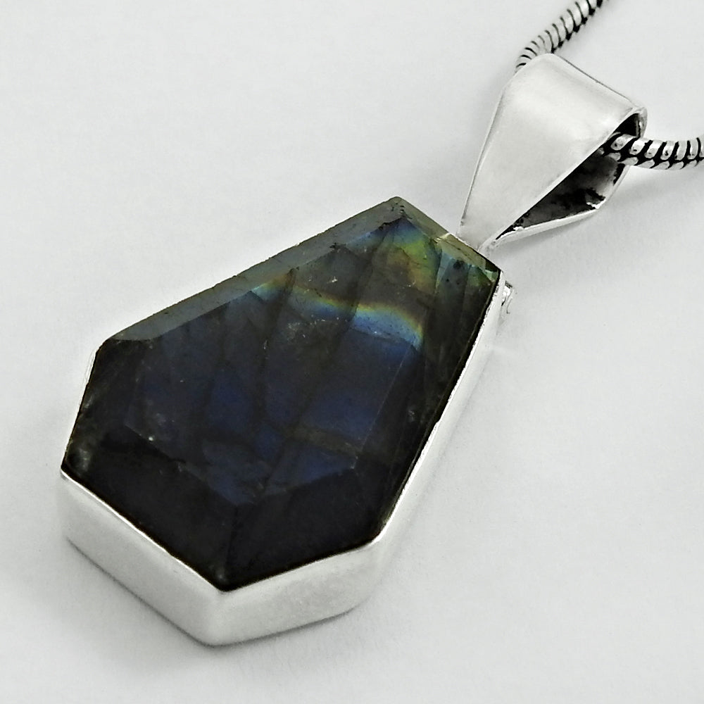 Natural Labradorite Gemstone 925 Sterling Silver Pendant Coffin For Women Y14
