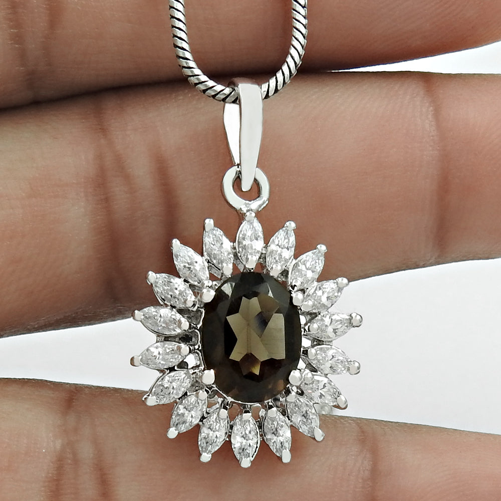 Natural Smoky Quartz Gemstone 925 Silver Pendant Rhodium Plated For Girls Z14