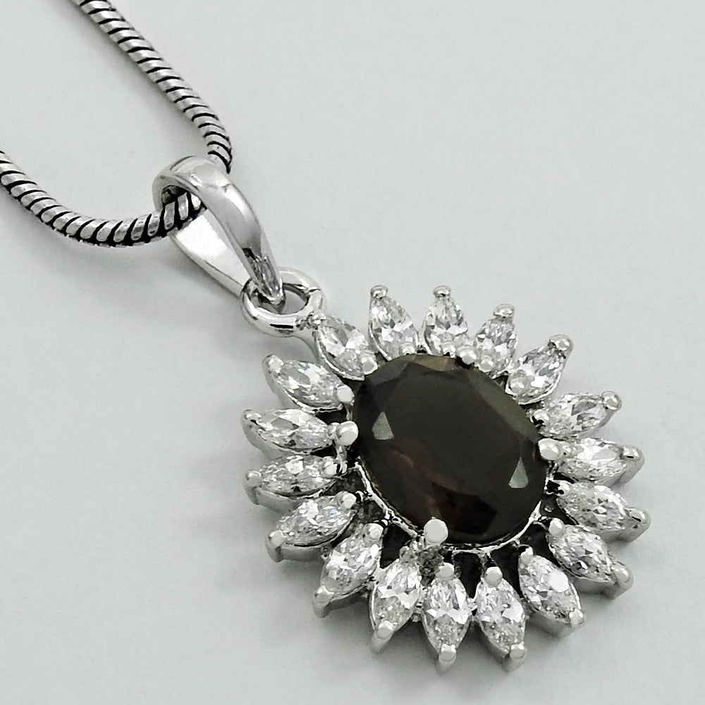 Natural Smoky Quartz Gemstone 925 Silver Pendant Rhodium Plated For Girls Z14