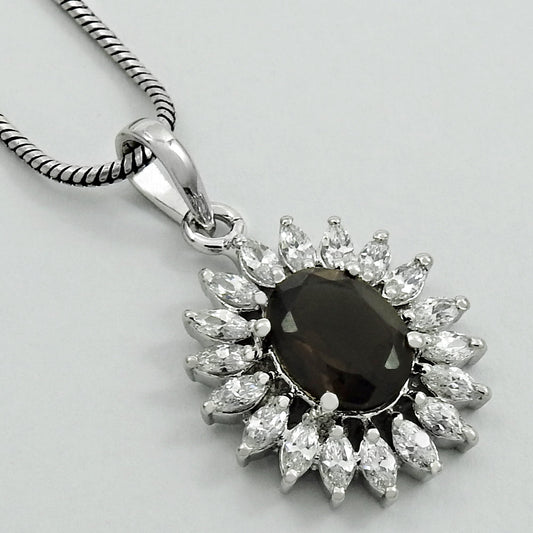 Natural Smoky Quartz Gemstone 925 Silver Pendant Rhodium Plated For Girls Z14
