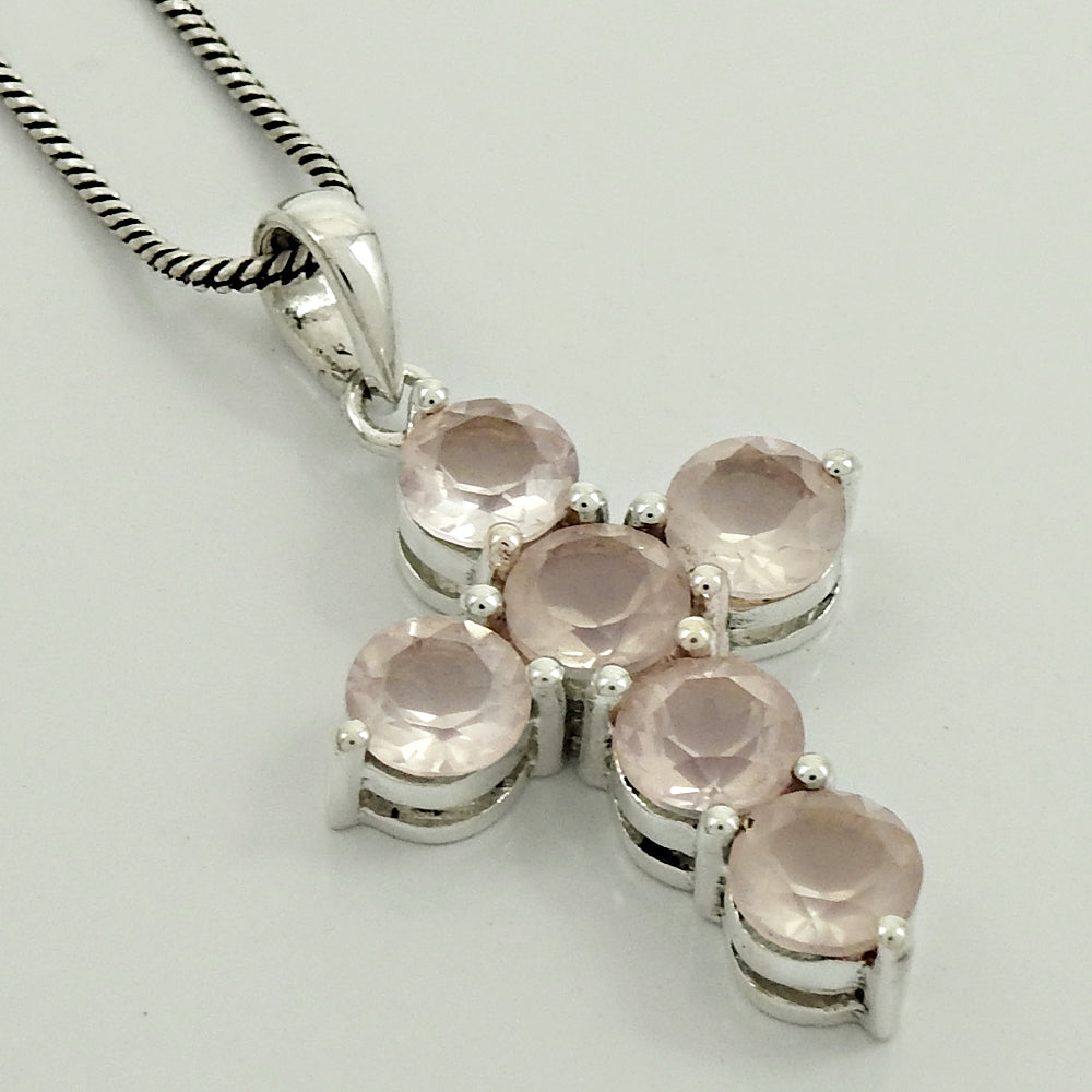 Heart Chakra Round Natural Rose Quartz 925 Sterling Silver Cross Bezel Pendant