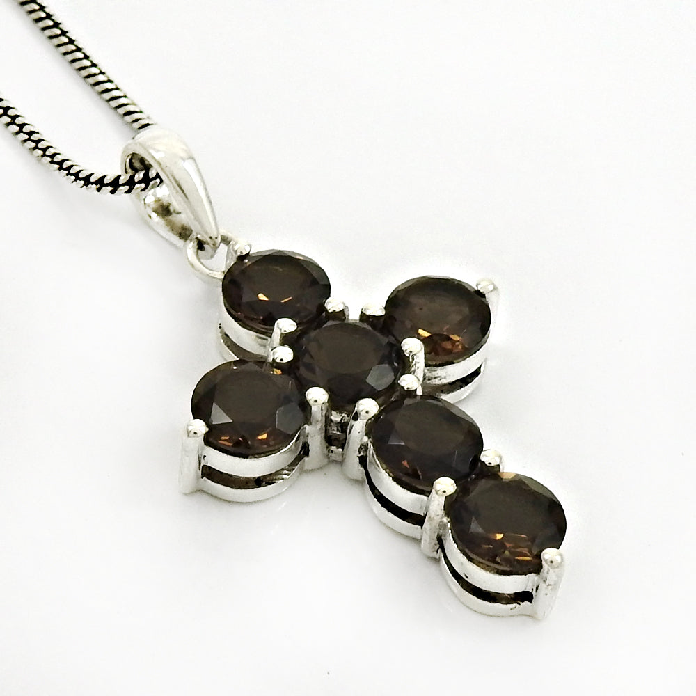 Gift For Her Natural Smoky Quartz Gemstone Cross Pendant 925 Silver Jewelry T9