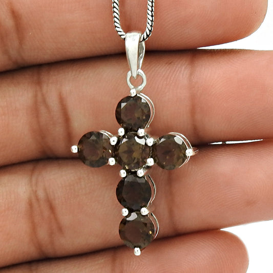 Gift For Her Natural Smoky Quartz Gemstone Cross Pendant 925 Silver Jewelry T9