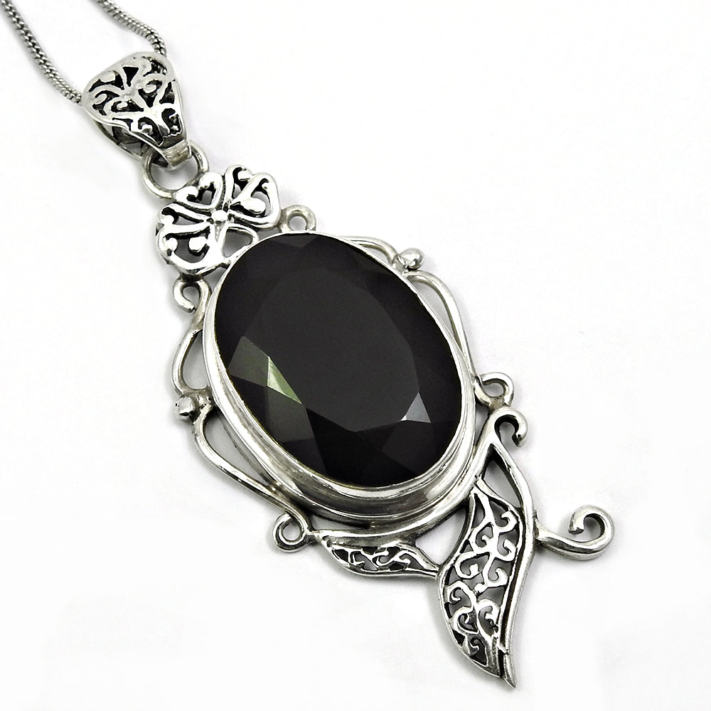 August Birth Natural Black Onyx Sisters Day Ethnic Artisan Pendant 925 Sterling Silver