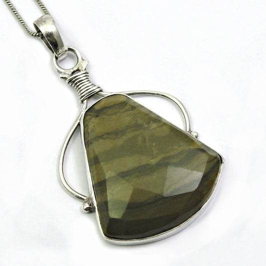 Natural Desert Jasper Gemstone Pendant Ethnic Gray 925 Sterling Silver N7