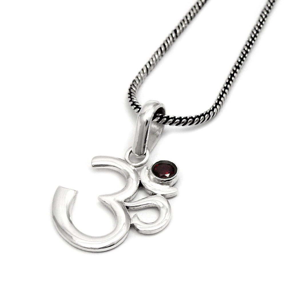 925 Silver January Birthstone Round Garnet Gemstone Om Pendant