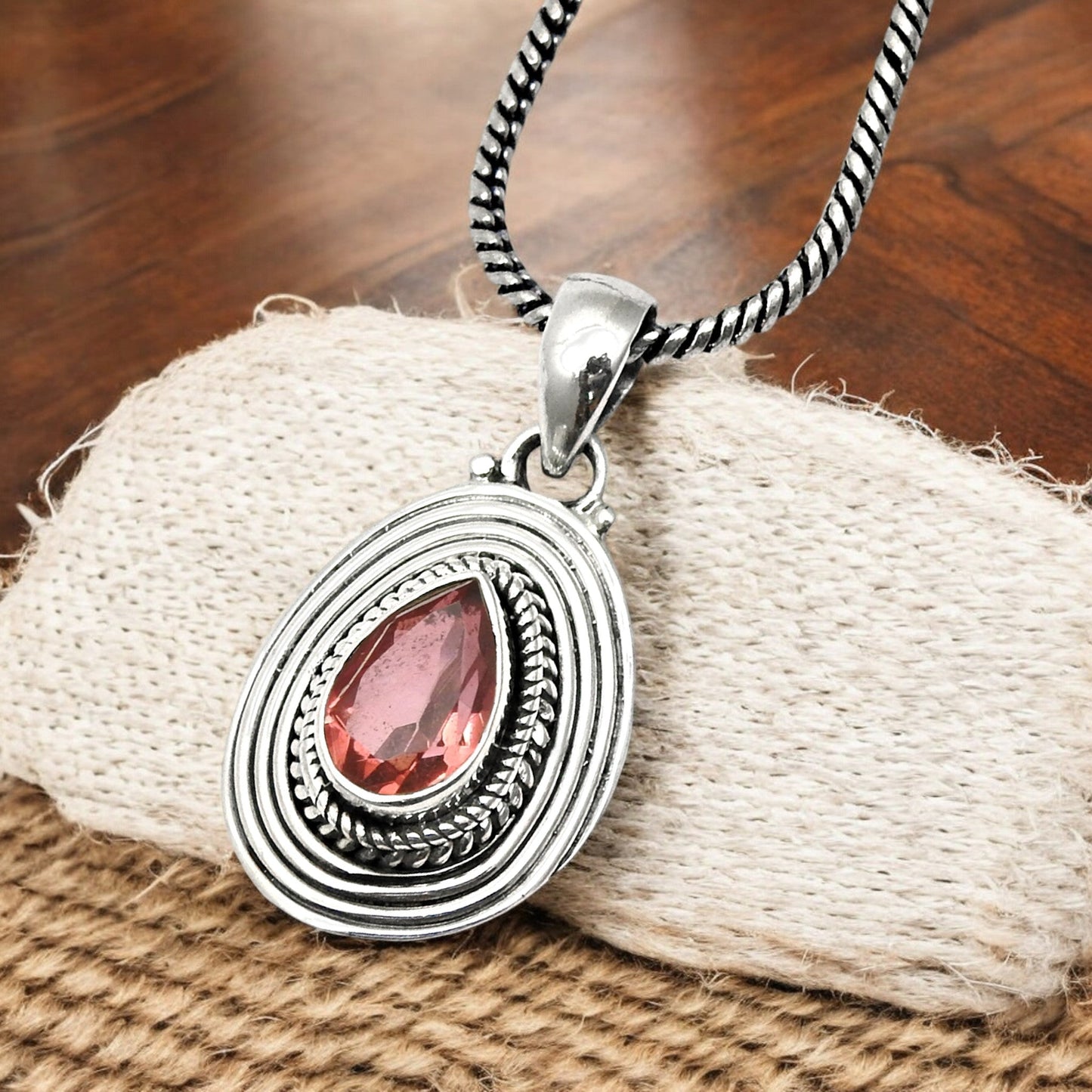 Pear Garnet Gemstone Solid Silver Daughter Bezel Engagement Boho Pendant Jewelry