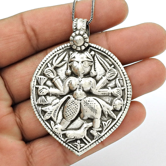 Solid 925 Silver Goddess Pendant Indian Religious Jewelry