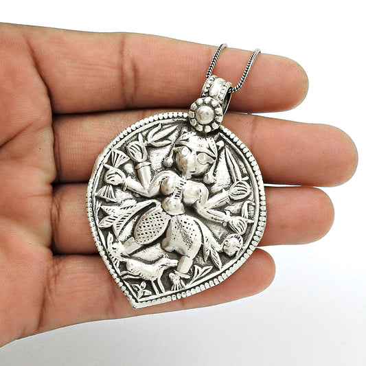 Solid 925 Silver Goddess Pendant Indian Religious Jewelry