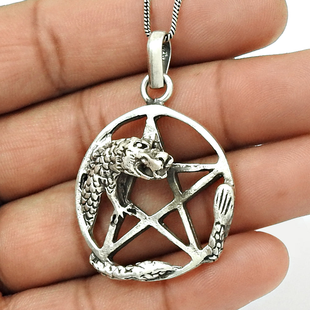 925 Sterling Silver Pentagram Star Dragon Pendant