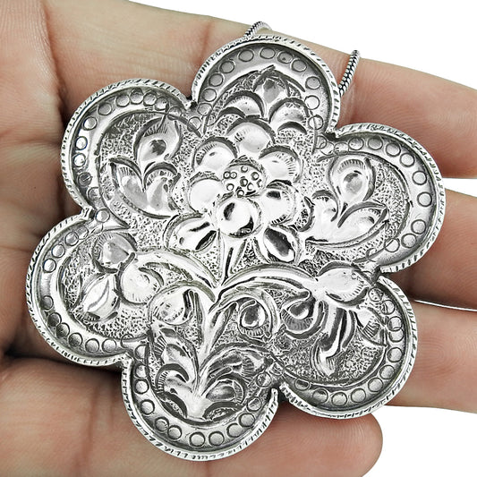 925 Sterling Silver Engraved Flower Pendant Vintage Jewelry