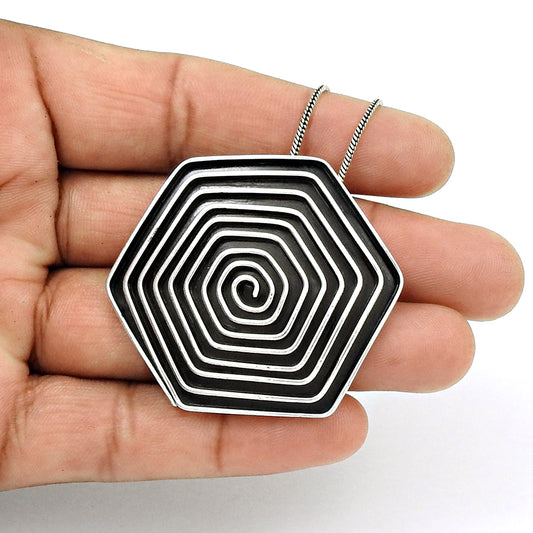 Vintage Sterling Silver 925 Hexagon Modernist Spiral Pendant