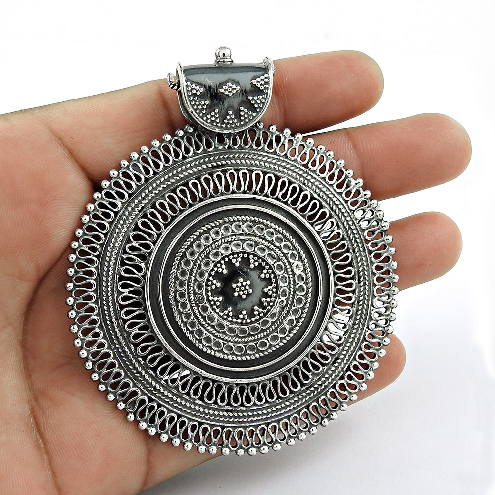 Solid 925 Sterling Oxidized Silver Indian Artisan Pendant
