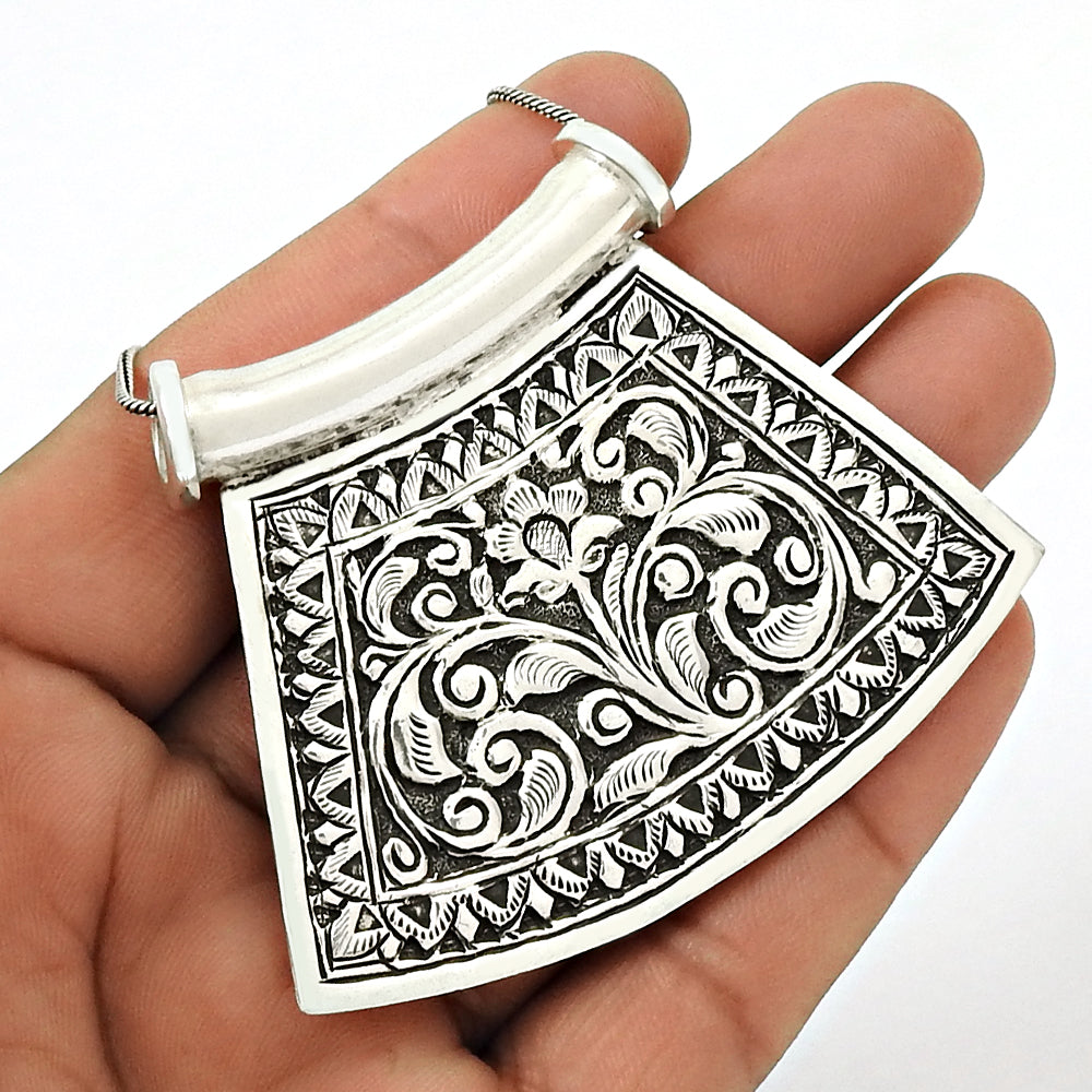 Vintage 925 Silver Engraved Artisan Pendant Tribal Jewelry