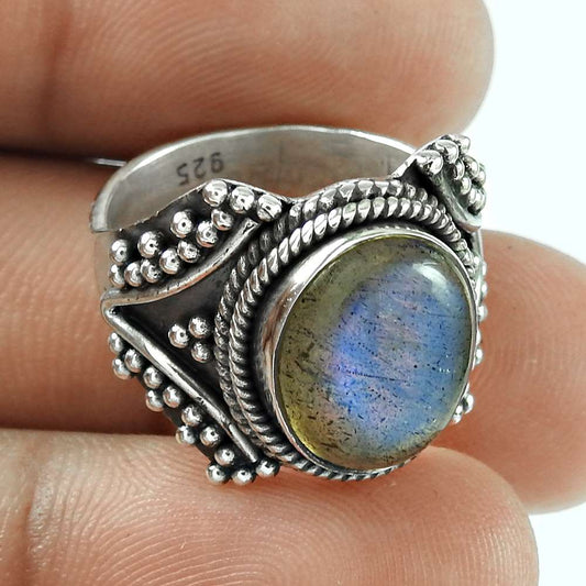 Natural Labradorite Statement Ethnic Ring 925 Silver For Girls M39