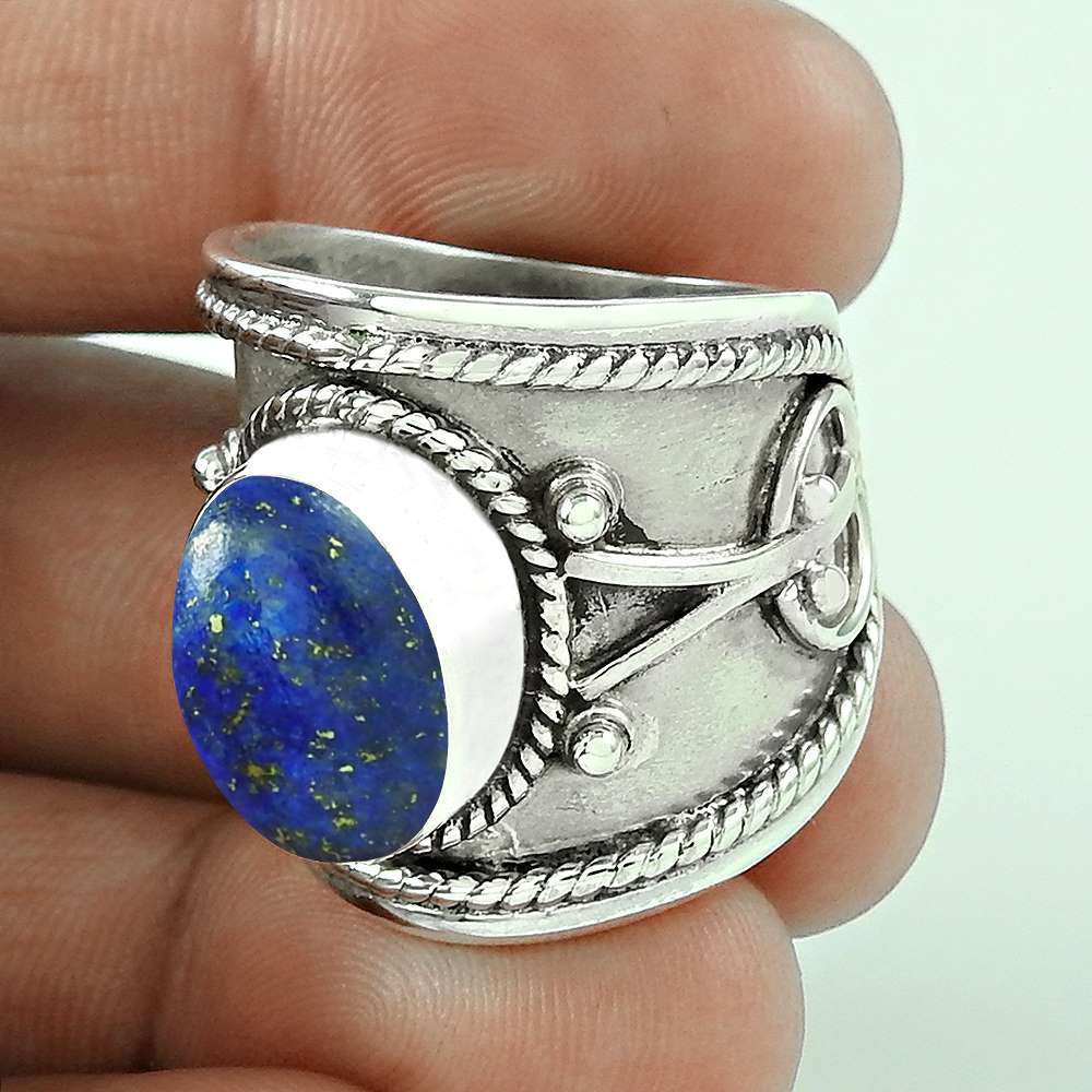 Gift For Her Natural Lapis Lazuli Solitaire Tribal Ring 925 Silver S59