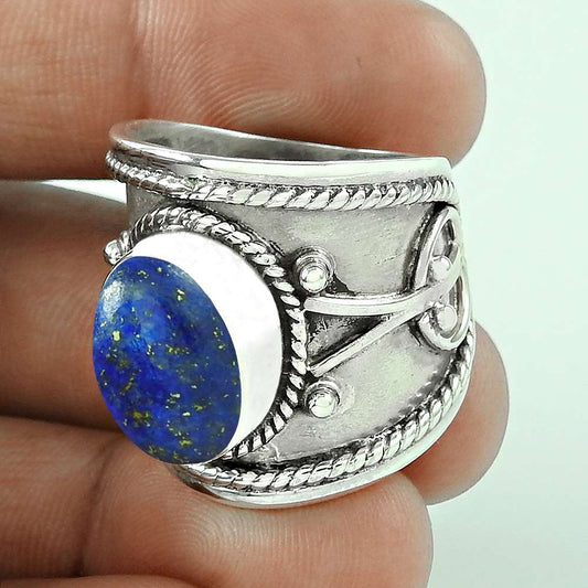 Gift For Her Natural Lapis Lazuli Solitaire Tribal Ring 925 Silver S59