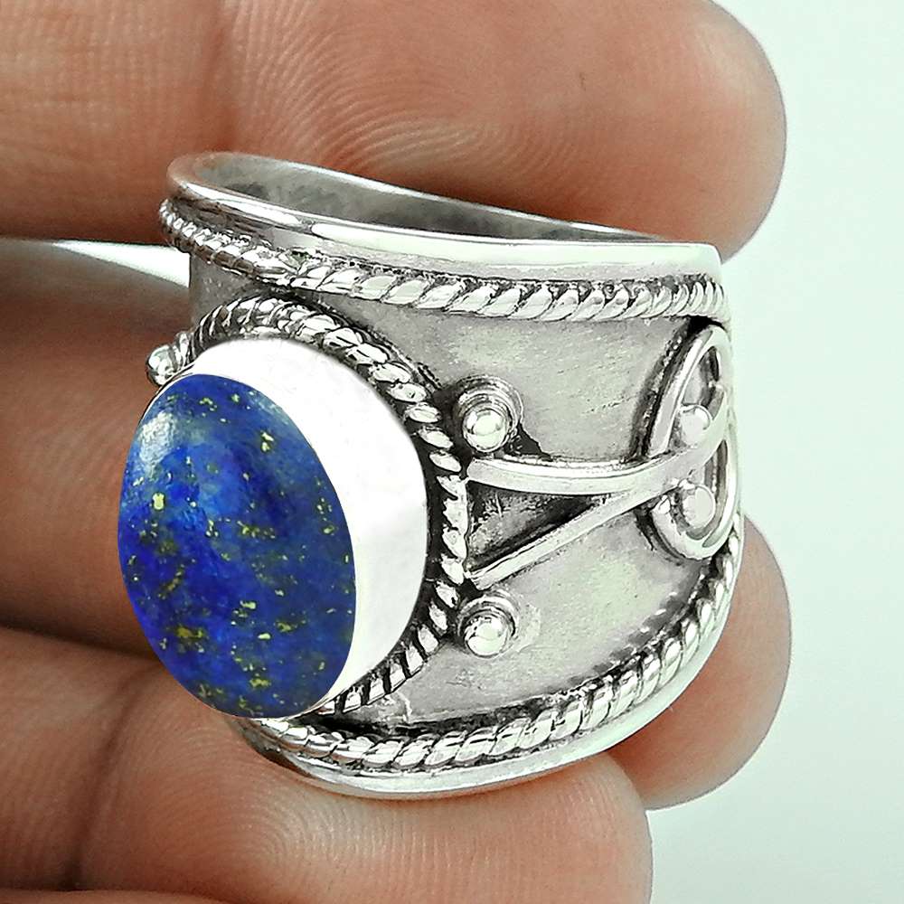 Gift For Her Natural Lapis Lazuli Solitaire Tribal Ring 925 Silver S59