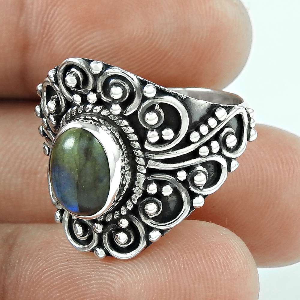 Gift For Woman 925 Silver Natural Labradorite Cocktail Ring G4