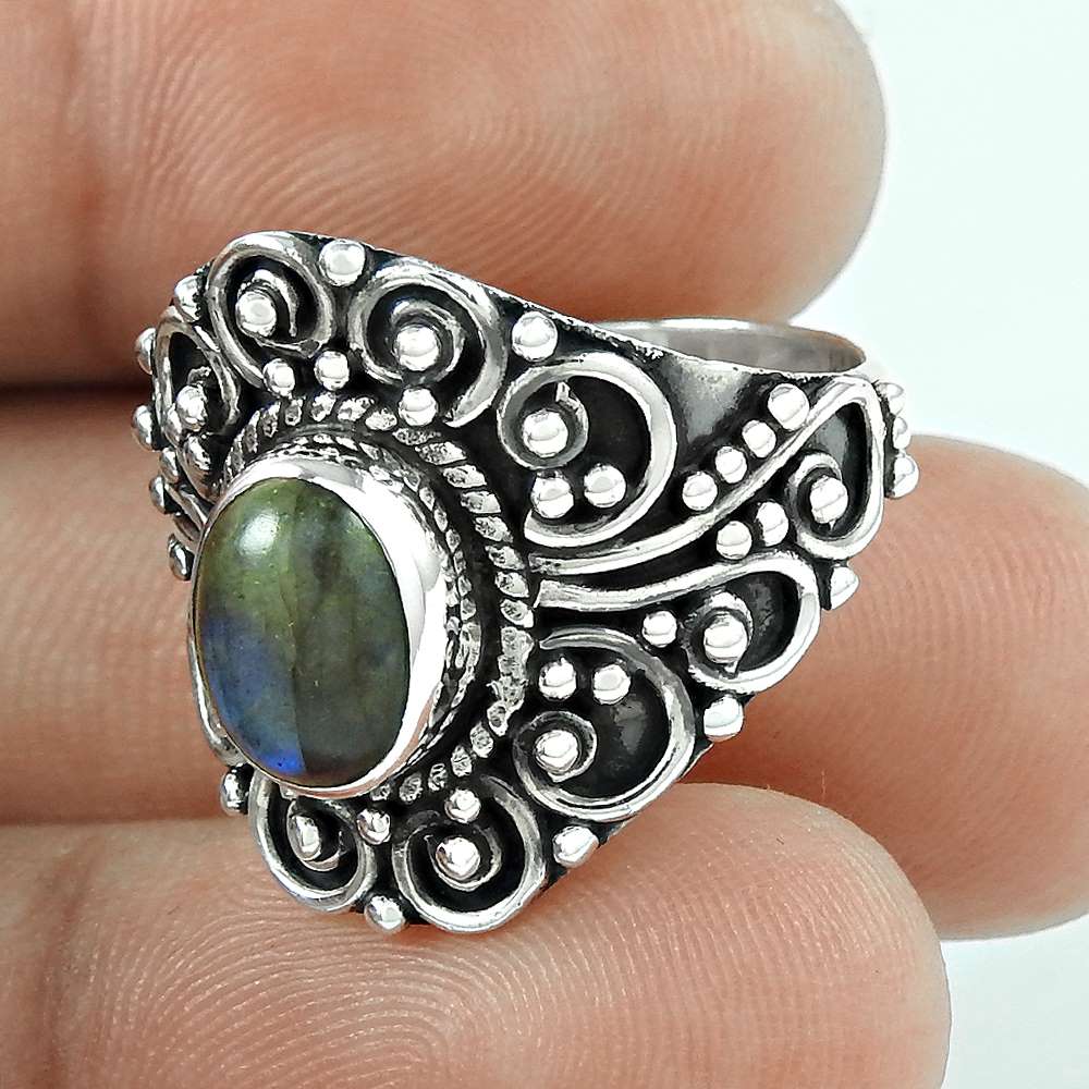 Gift For Woman 925 Silver Natural Labradorite Cocktail Ring G4
