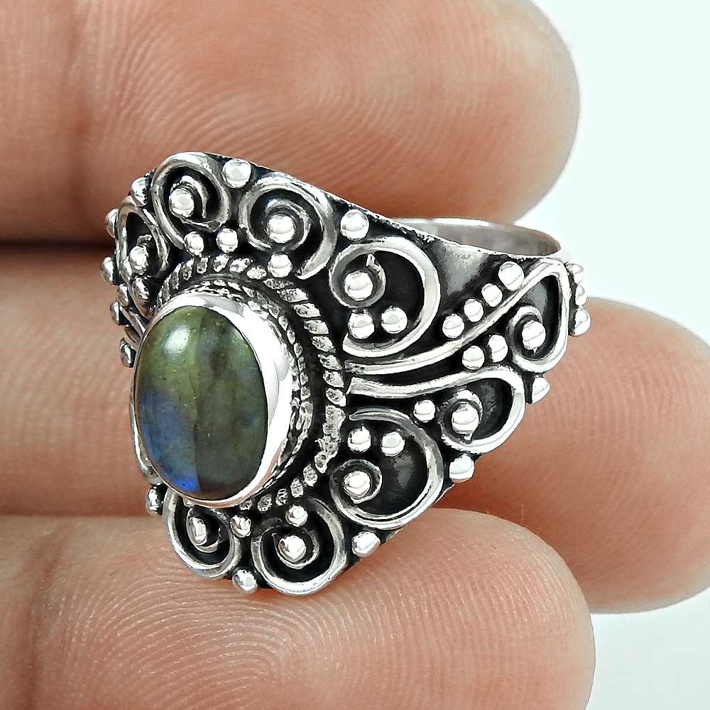 Gift For Woman 925 Silver Natural Labradorite Cocktail Ring G4