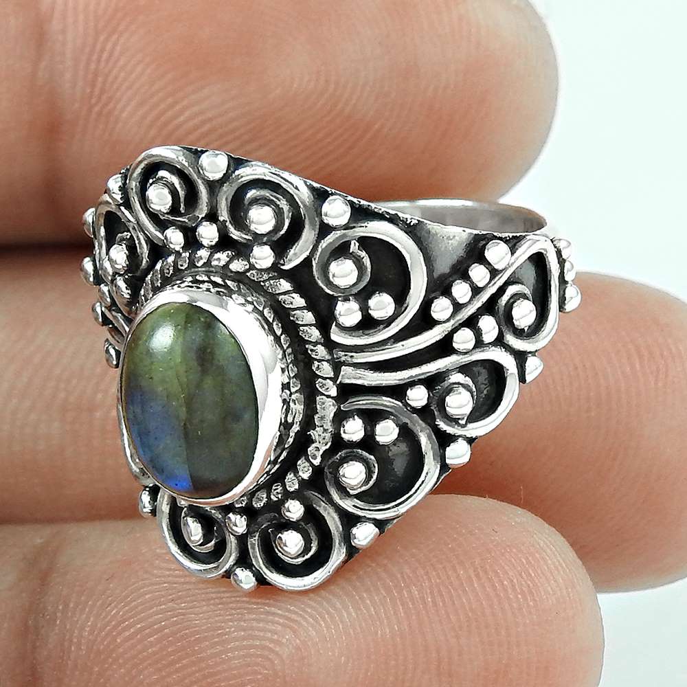 Gift For Woman 925 Silver Natural Labradorite Cocktail Ring G4