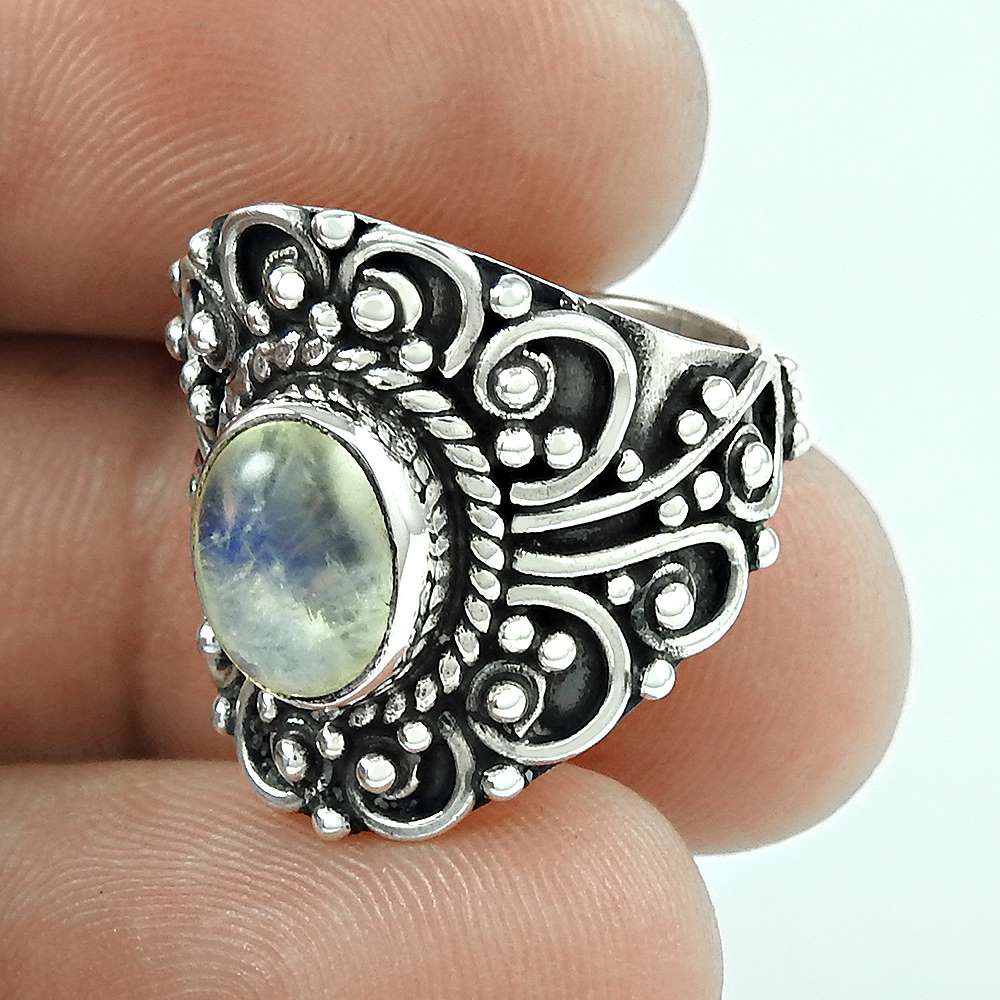 Gift For Woman Girl 925 Silver Natural Rainbow Moonstone Solitaire Ring