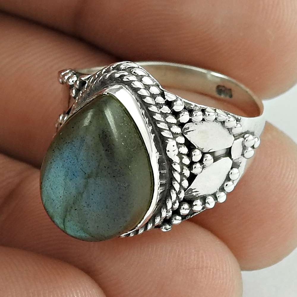 Natural Labradorite 925 Silver Solitaire Bohemian Ring For Women J52