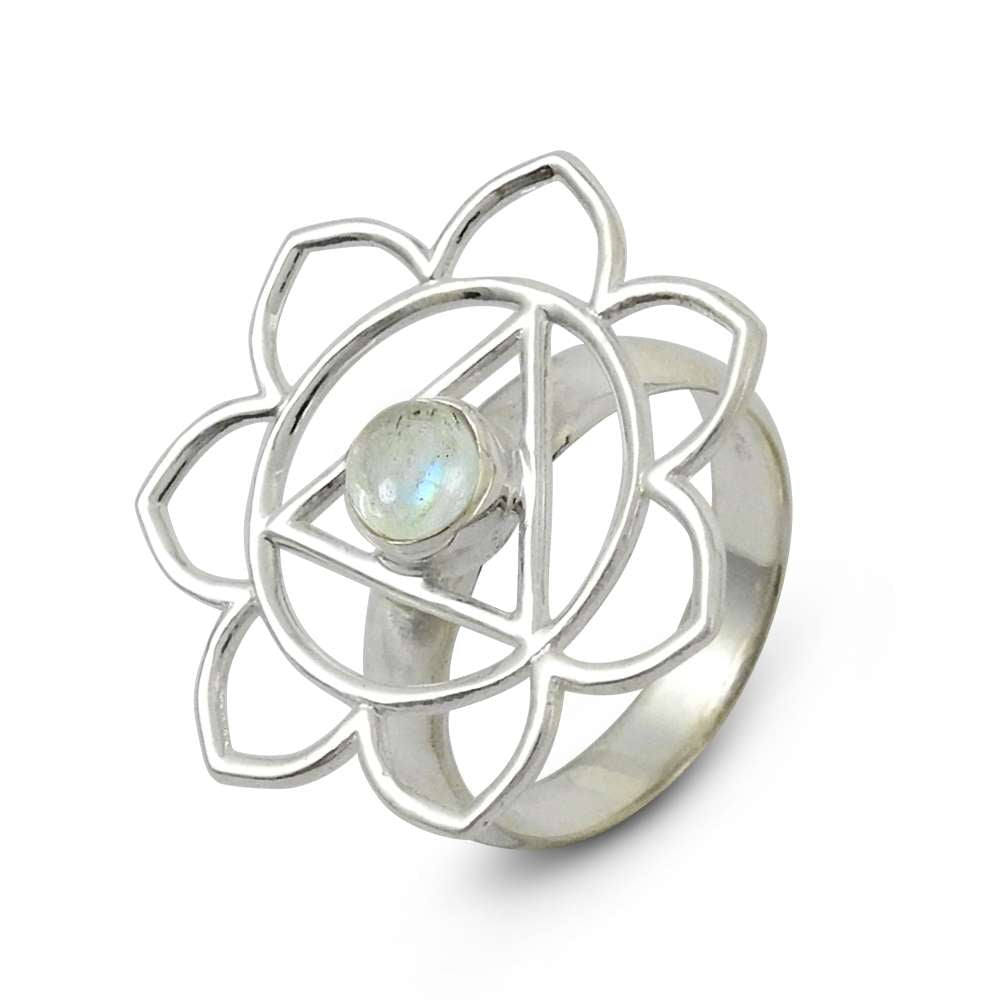 Natural Rainbow Moonstone 925 Sterling Silver Ethnic Flower Cocktail Ring