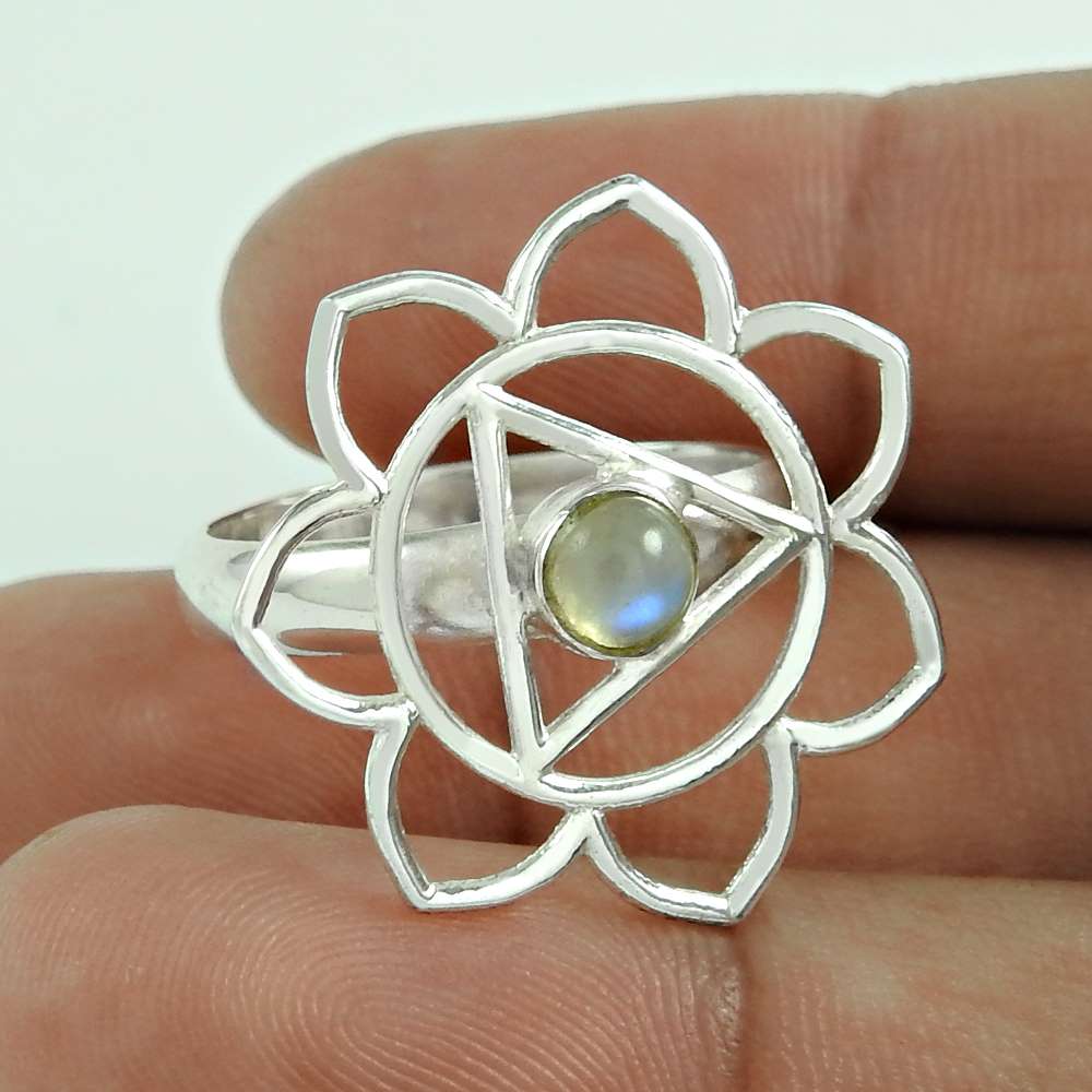 Natural Rainbow Moonstone 925 Sterling Silver Ethnic Flower Cocktail Ring