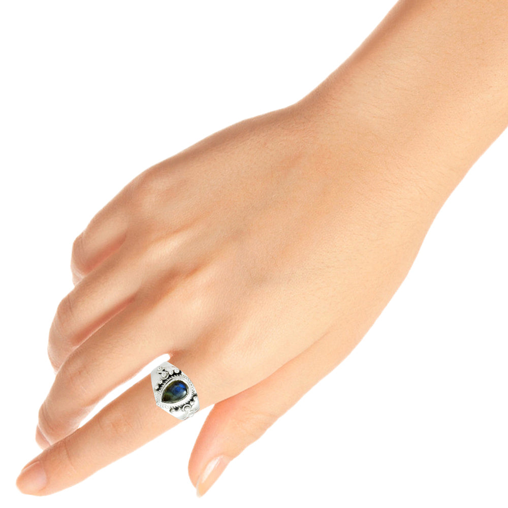 Sterling Silver Pear Natural Labradorite Cocktail Sister Vintage New Ring