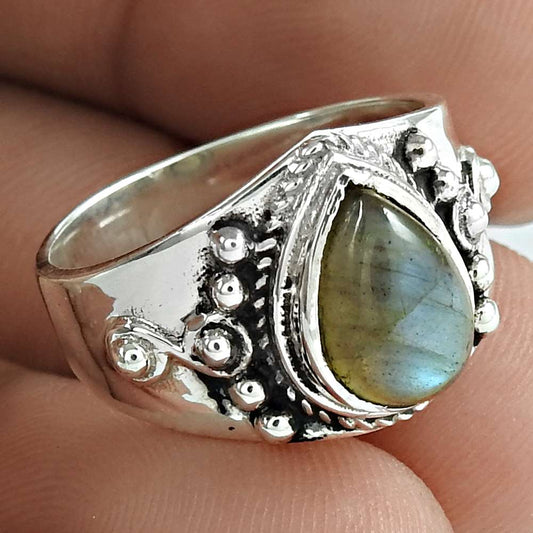 Sterling Silver Pear Natural Labradorite Cocktail Sister Vintage New Ring