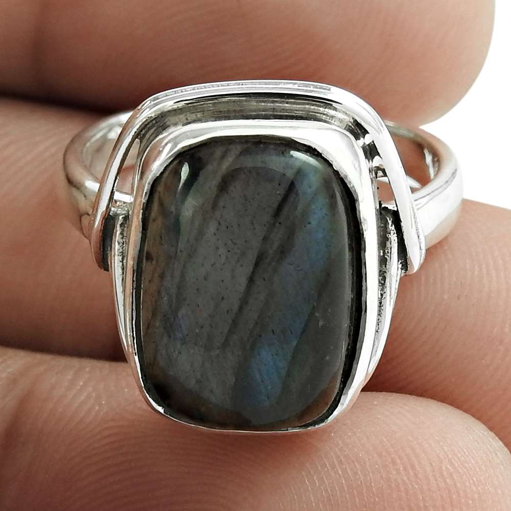 Natural Labradorite Gemstone Solitaire Bohemian Ring 925 Silver S72
