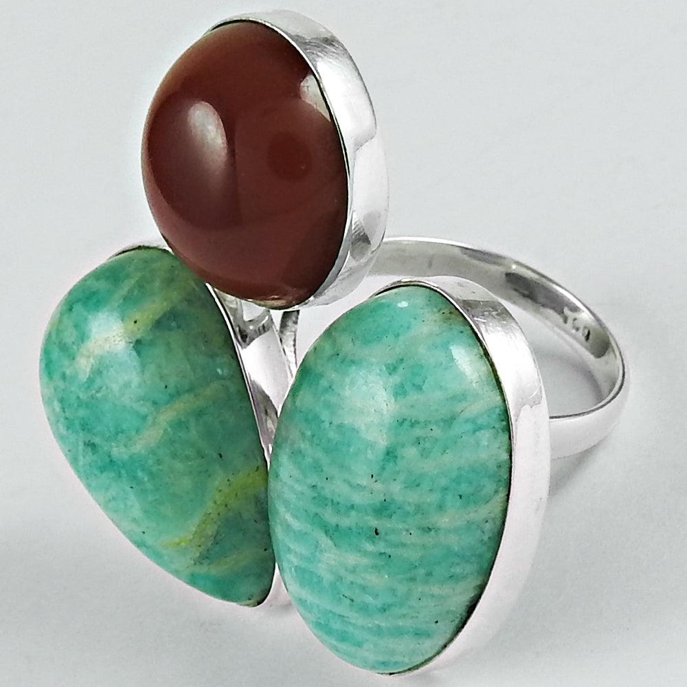 Solid 925 Sterling Silver Natural Amazonite Carnelian Statement Ring