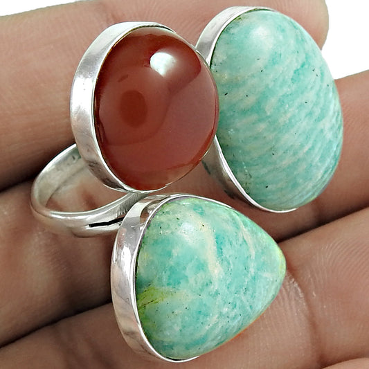 Solid 925 Sterling Silver Natural Amazonite Carnelian Statement Ring