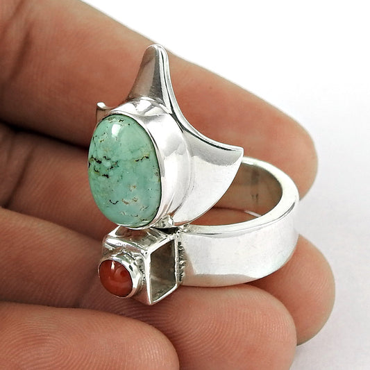 Natural Coral Turquoise Gemstone 925 Silver Unique Ring Pendant