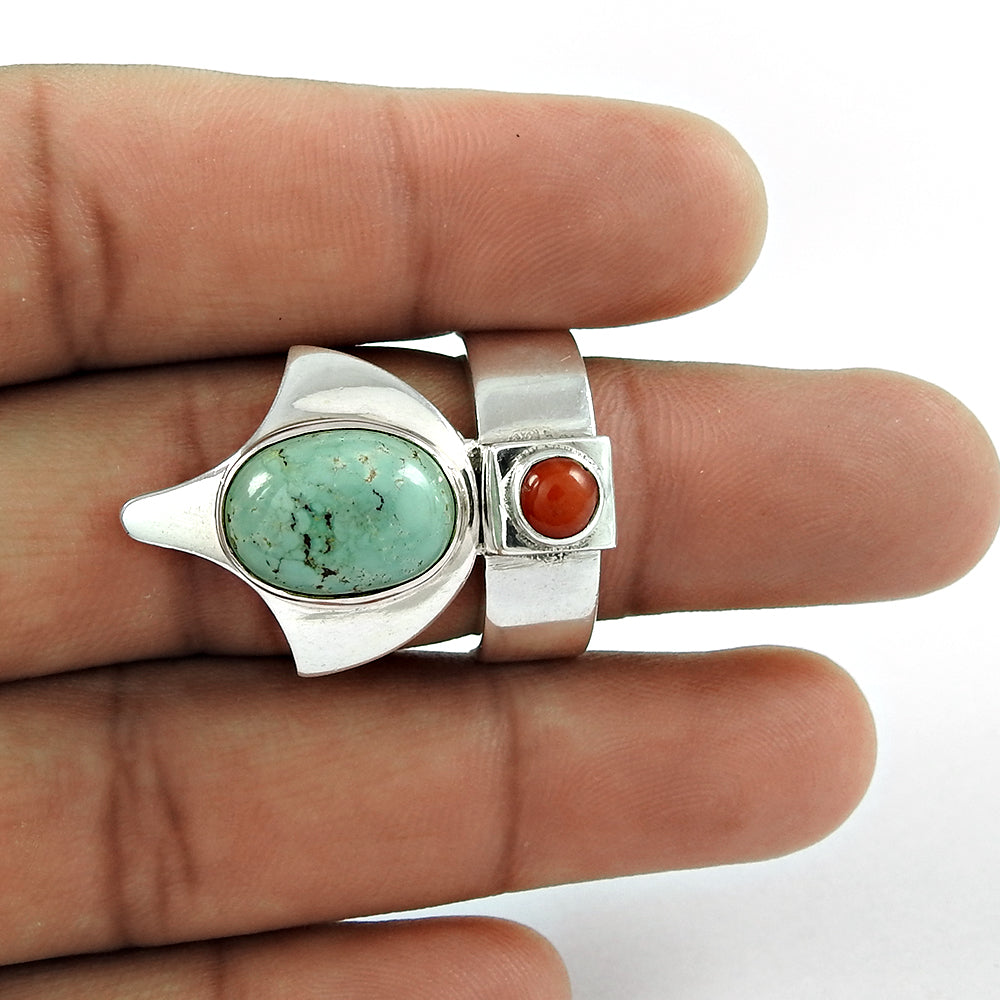 Natural Coral Turquoise Gemstone 925 Silver Unique Ring Pendant