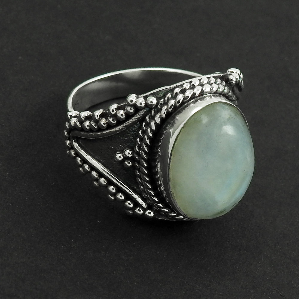 Natural Rainbow Moonstone Cocktail Vintage Ring 925 Silver K8