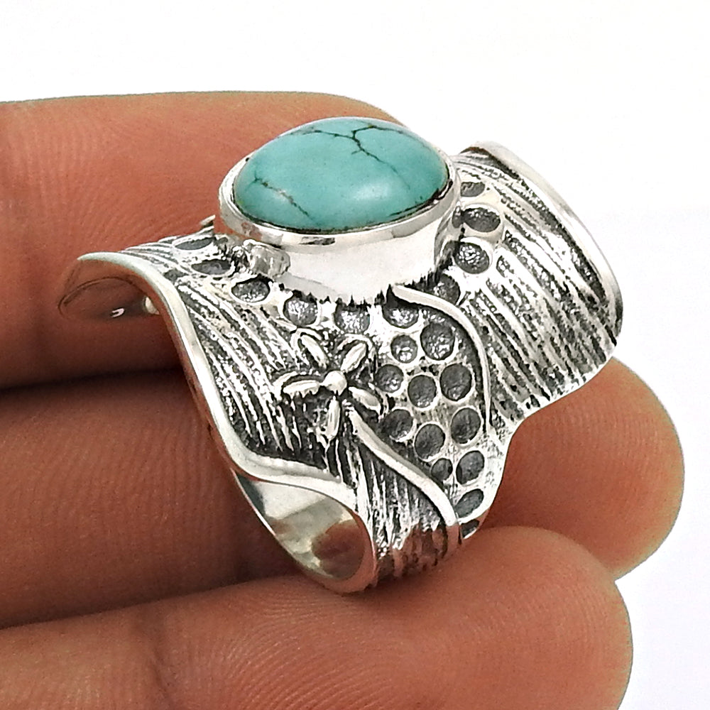 Cocktail Tribal Ring Natural Turquoise Gemstone 925 Silver For Women G71