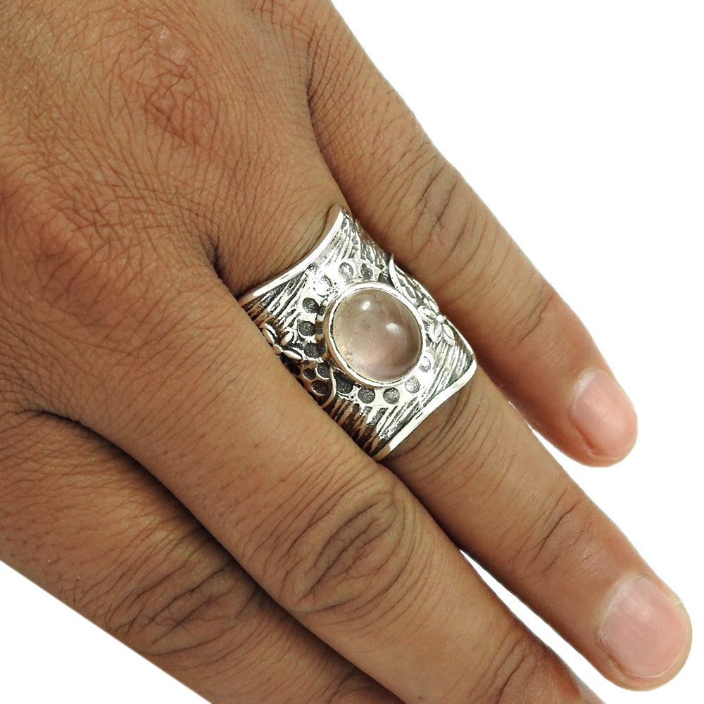 Gift For Woman 925 Silver Natural Rose Quartz Statement Ethnic Ring U9