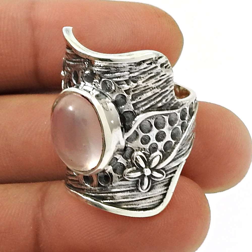 Gift For Woman 925 Silver Natural Rose Quartz Statement Ethnic Ring U9