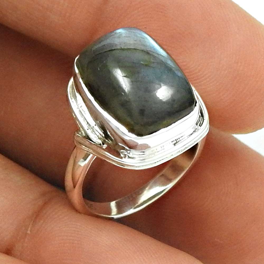 Natural Labradorite Gemstone Solitaire Bohemian Ring 925 Silver S72