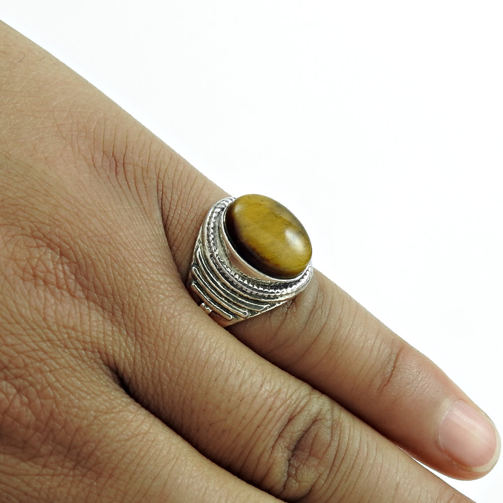 Natural Tiger Eye Statement Tribal Ring 925 Silver For Women K4