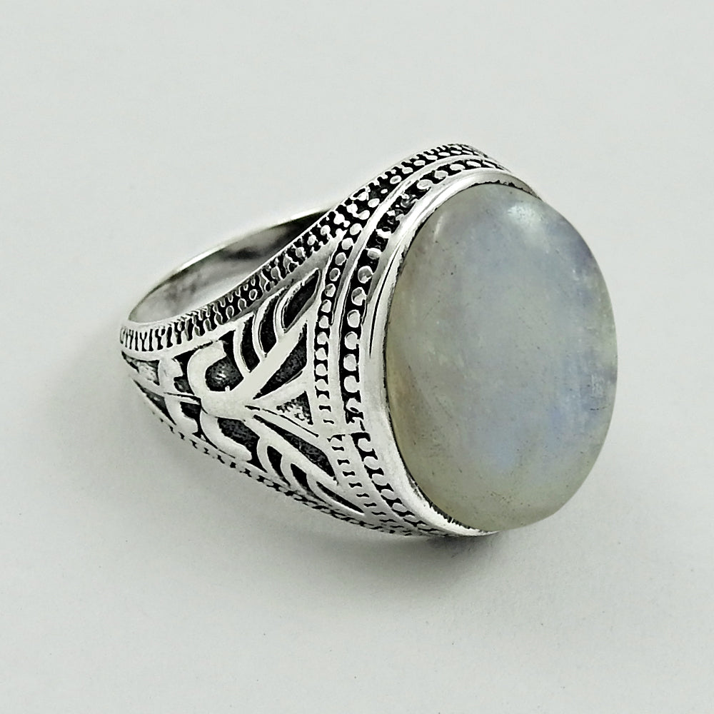 925 Silver Natural Rainbow Moonstone Solitaire Tribal Ring E5