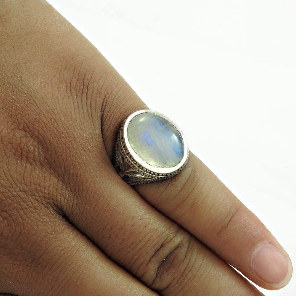 925 Silver Natural Rainbow Moonstone Solitaire Tribal Ring E5