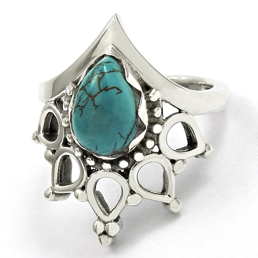 Throat Chakra Natural Turquoise 925 Sterling Silver Cocktail Crown Ring